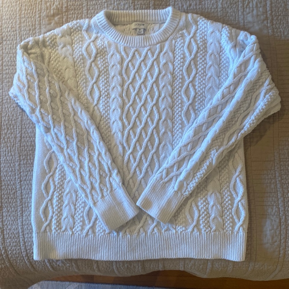 J Crew Cotton White cable Crewneck Sweater